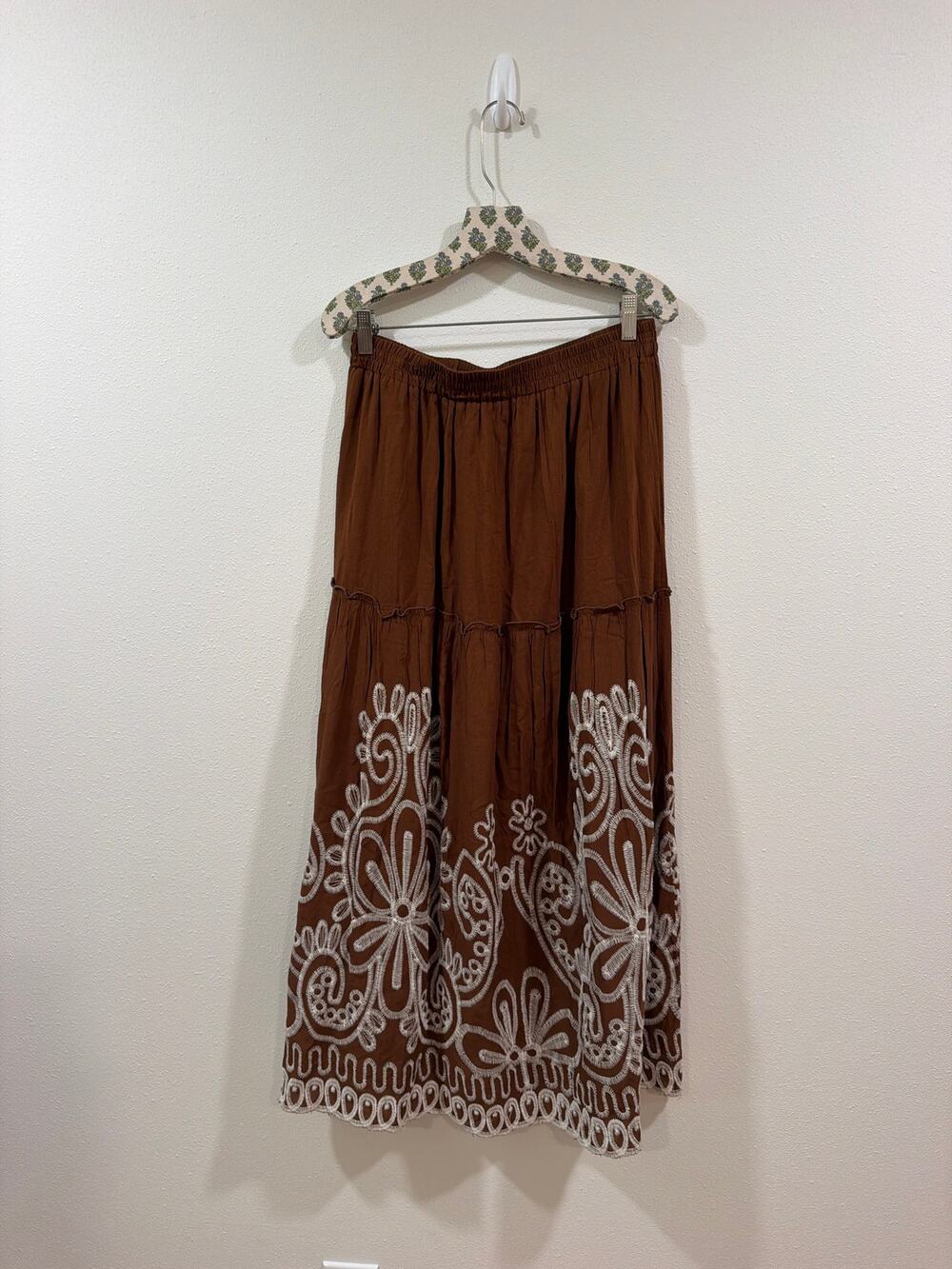 Laffaire Brown Embroidered Tiered Maxi Skirt